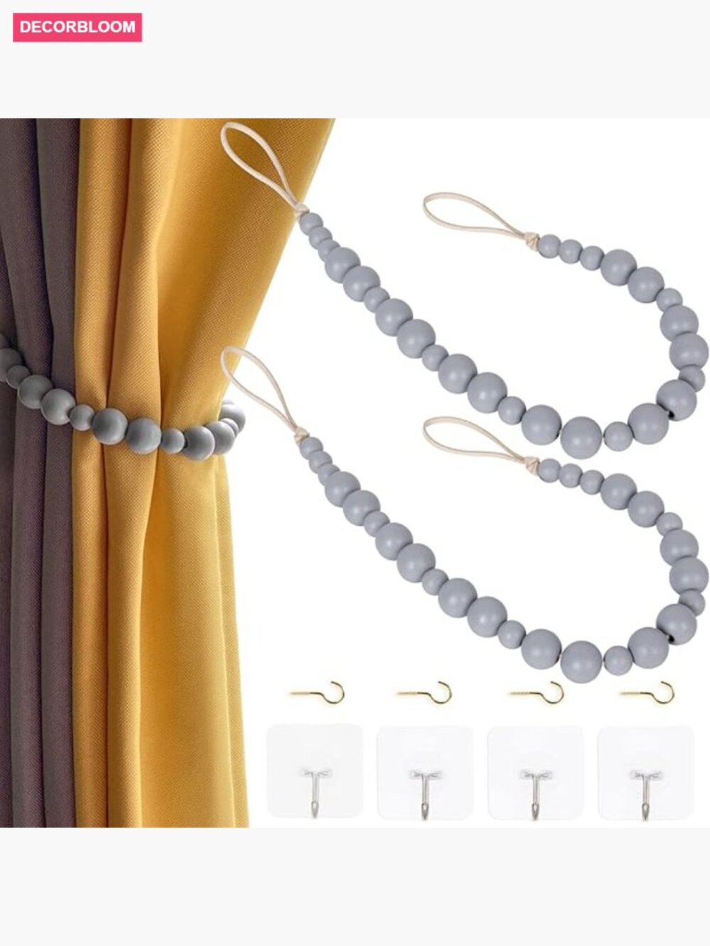 2 Pack Wood Bead Curtain Tiebacks with Hooks for Boho Decor